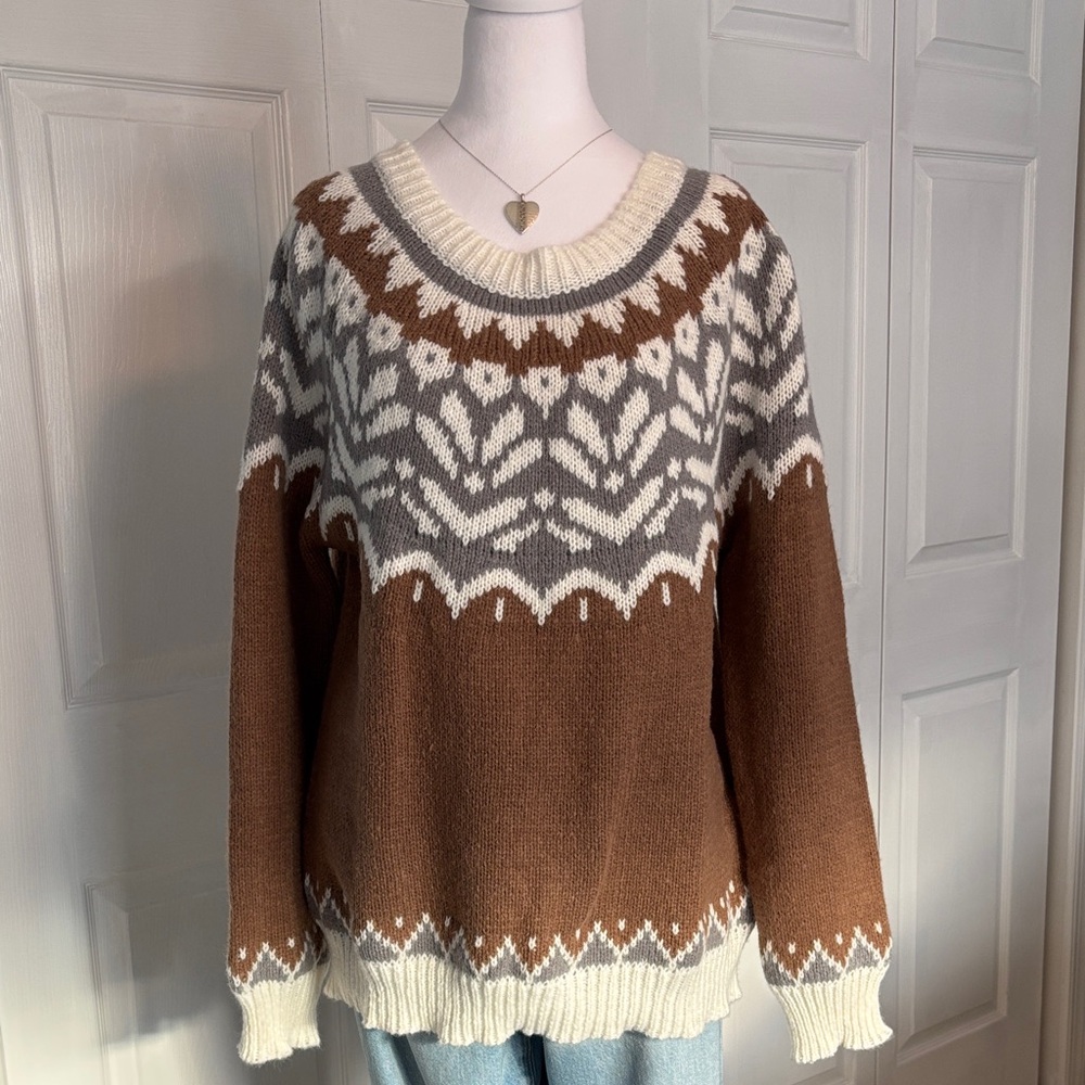 Brown and Gray Patterned Women's Sweater